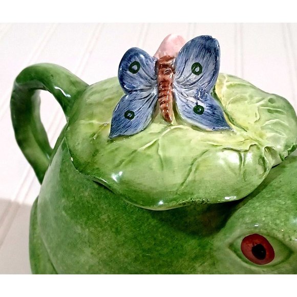 Vintage Signed Majolica Pottery Frog  Butterfly Capodimonte Teapot Made … - Picture 8 of 12